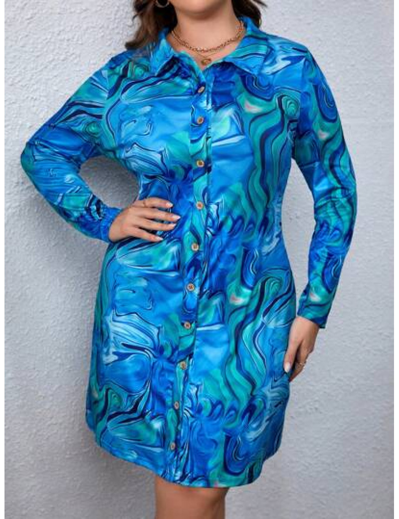 Rochie mini stil camasa, cu imprimeu, albastru, dama