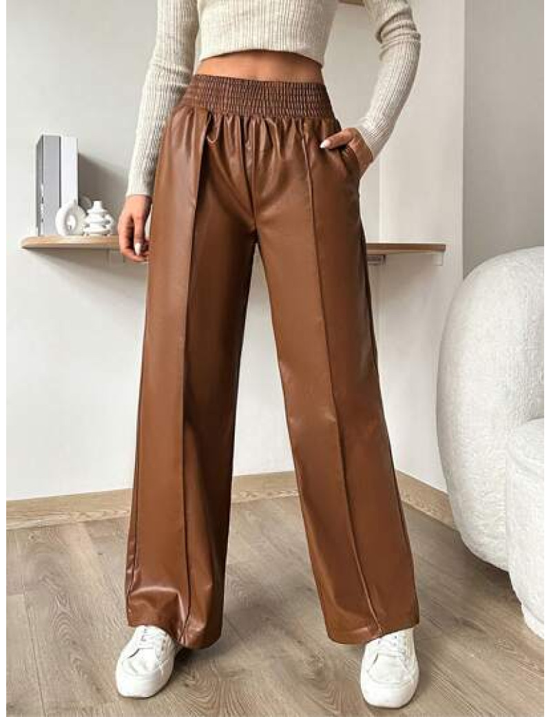 Pantaloni largi cu talie elastica, stil piele, maro