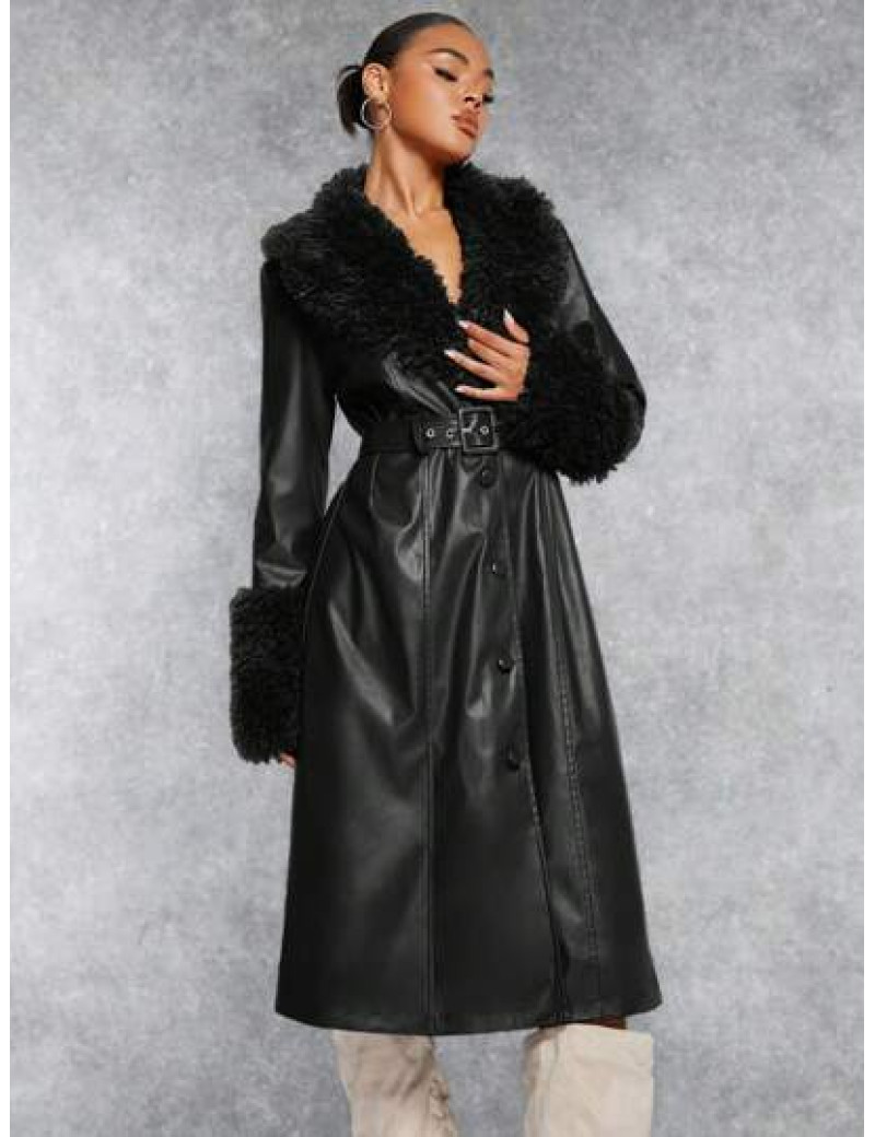 Palton maxi cu aplicatii blana, curea, model piele, negru