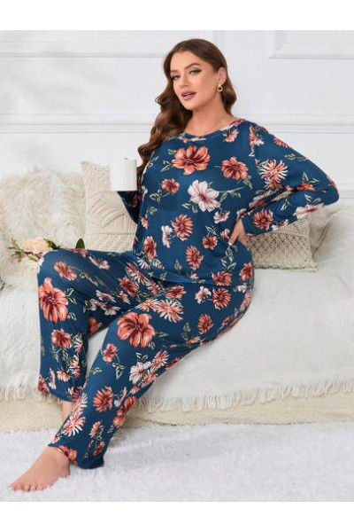 Set pijama cu imprimeu floral, bluza si pantaloni, Maternity, albastru, dama, Shein