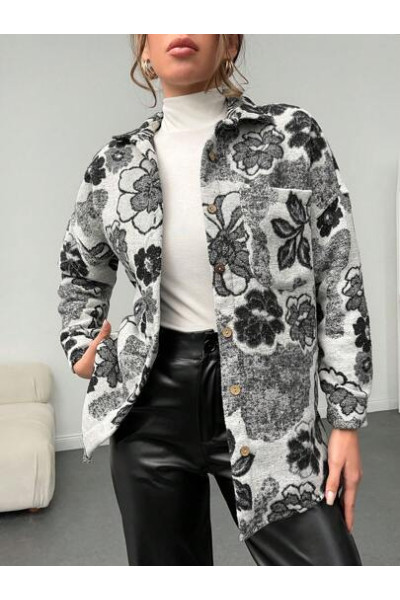 Jacheta cu imprimeu floral si buzunar, negru, dama