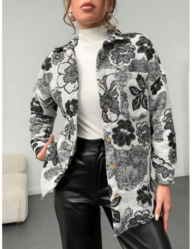 Jacheta cu imprimeu floral si buzunar, negru, dama