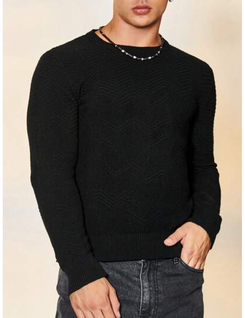 Pulover tricotat cu maneca lunga, negru, barbati