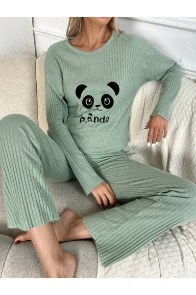 Set pijama din bluza cu imprimeu si pantaloni, verde, dama