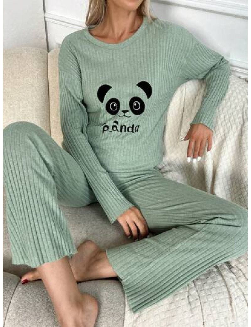 Set pijama din bluza cu imprimeu si pantaloni, verde, dama