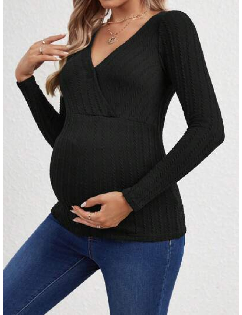 Bluza din tricot, cu decolteu si maneca lunga, Maternity, negru, dama, Shein