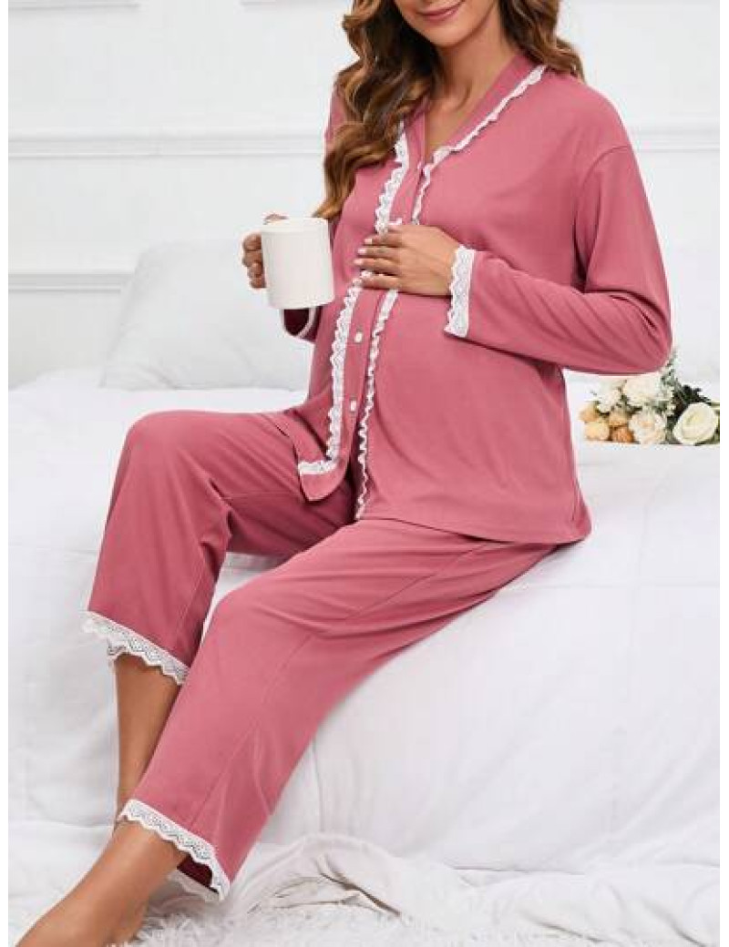 Set pijama, bluza cu nasturi si pantaloni 3 sferturi, Maternity, roz, dama, Shein