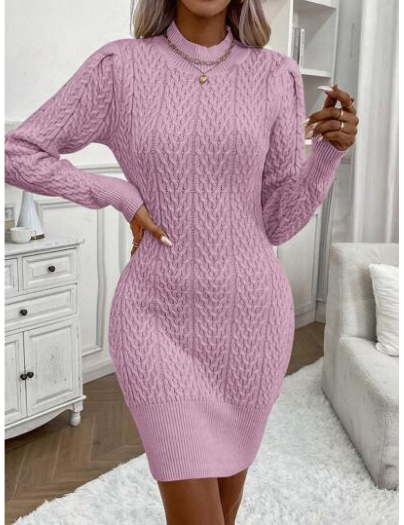 Rochie mini cu maneca lunga si model tricotat, roz
