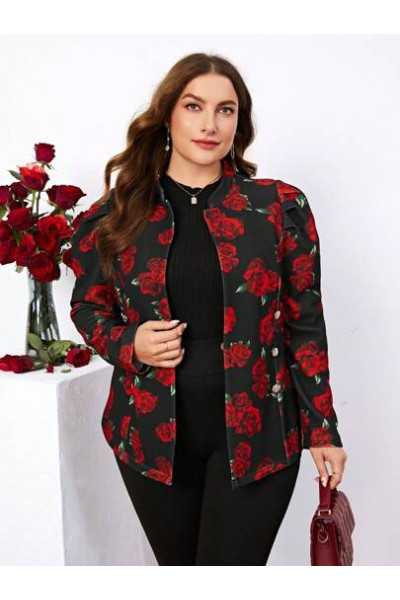 Jacheta cu imprimeu floral si fermoar, negru, dama, Shein