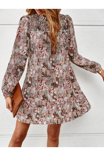 Rochie mini, stil camasa, cu imprimeu floral, maro