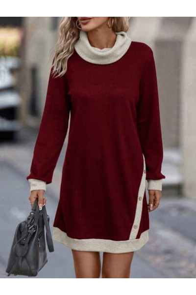 Rochie mini stil pulover cu guler, aplicatii nasturi, visiniu, dama