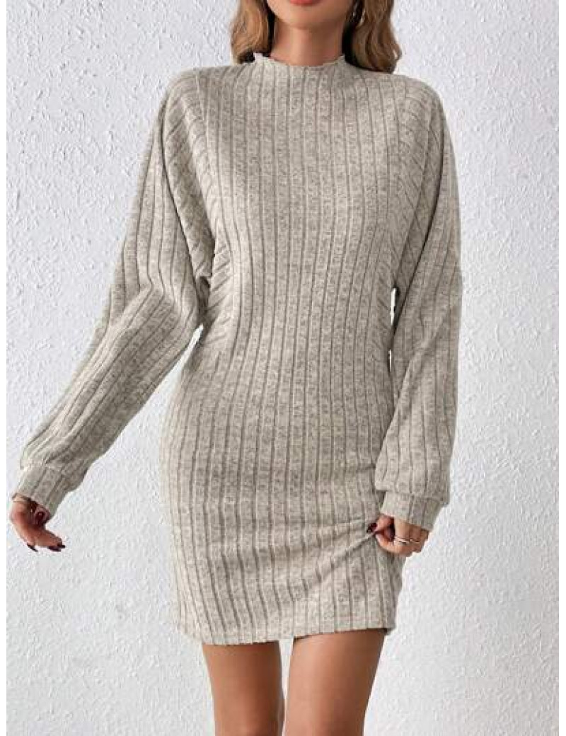 Rochie mini stil pulover, pe gat, cu maneci lungi, crem