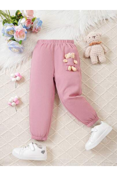 Pantaloni lungi cu aplicatie ursulet, roz