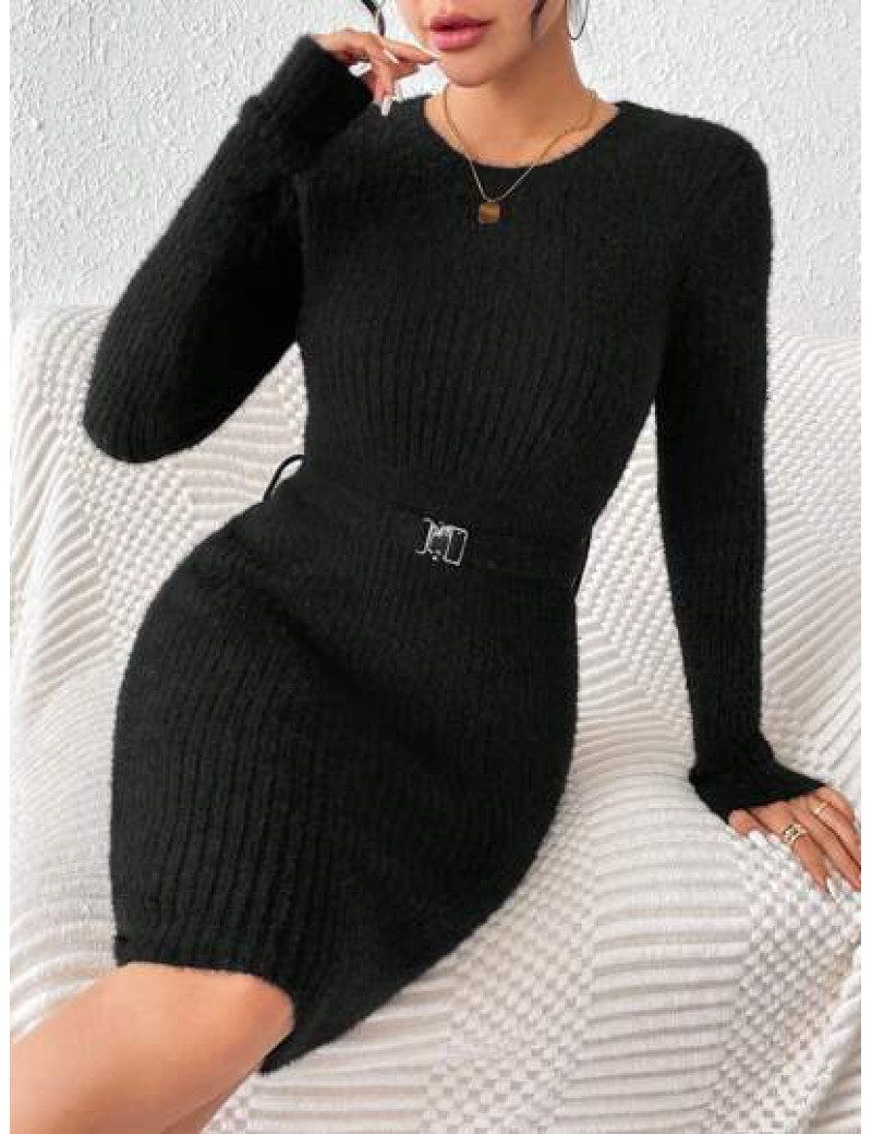 Rochie mini, stil pulover puffy, cu o curea, negru
