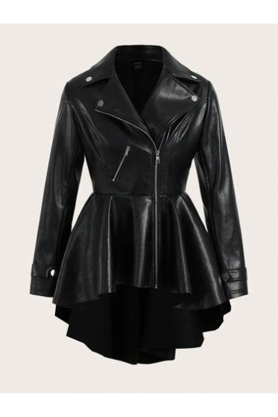 Jacheta din piele ecologica, asimetrica, cu fermoar, negru, dama, Shein