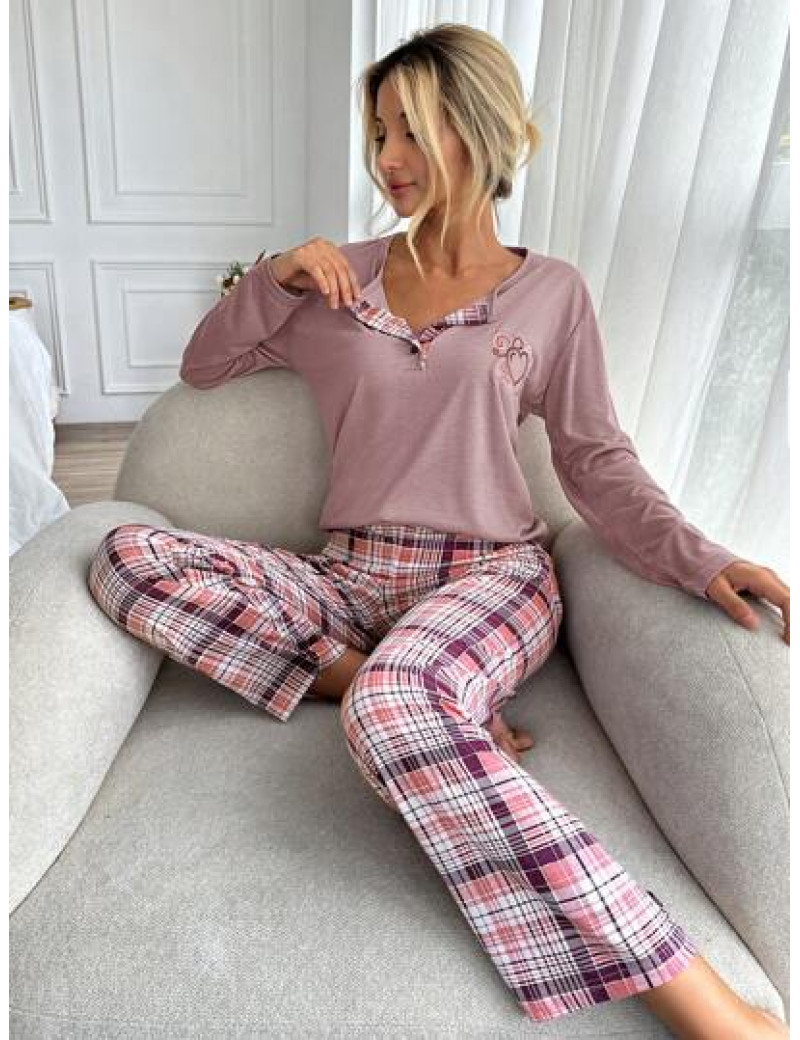 Set pijama din 2 piese cu bluza si pantaloni cu imprimeu carouri, roz