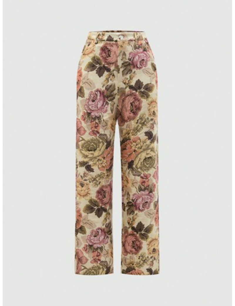 Pantaloni cu imprimeu floral si talie inalta, multicolor, dama