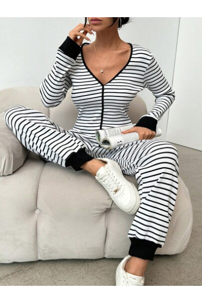 Set pijama cu model in dungi si decolteu, alb, dama, Shein