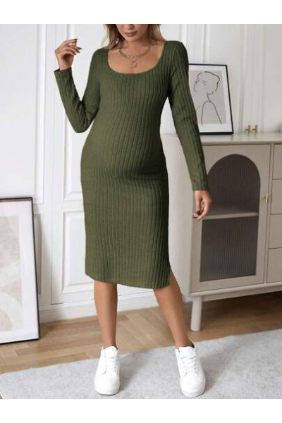 Rochie midi din tricot cu maneca lunga, Maternity, kaki, dama