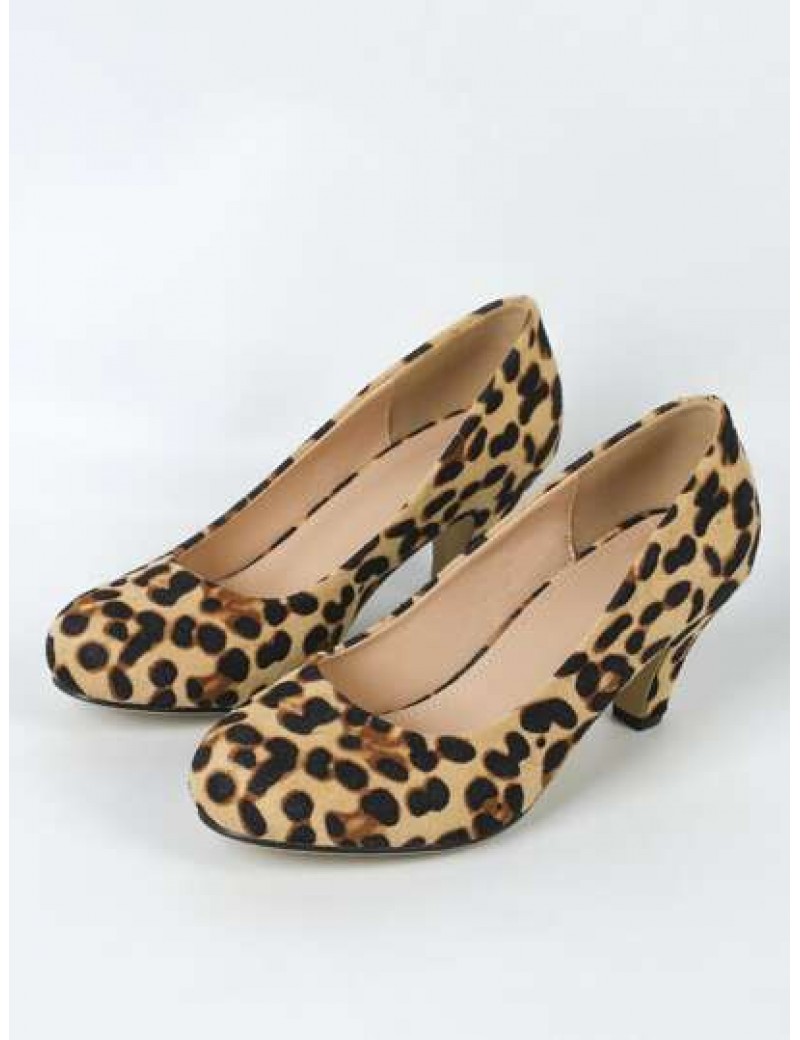 Pantofi cu toc mic si imprimeu leopard, crem