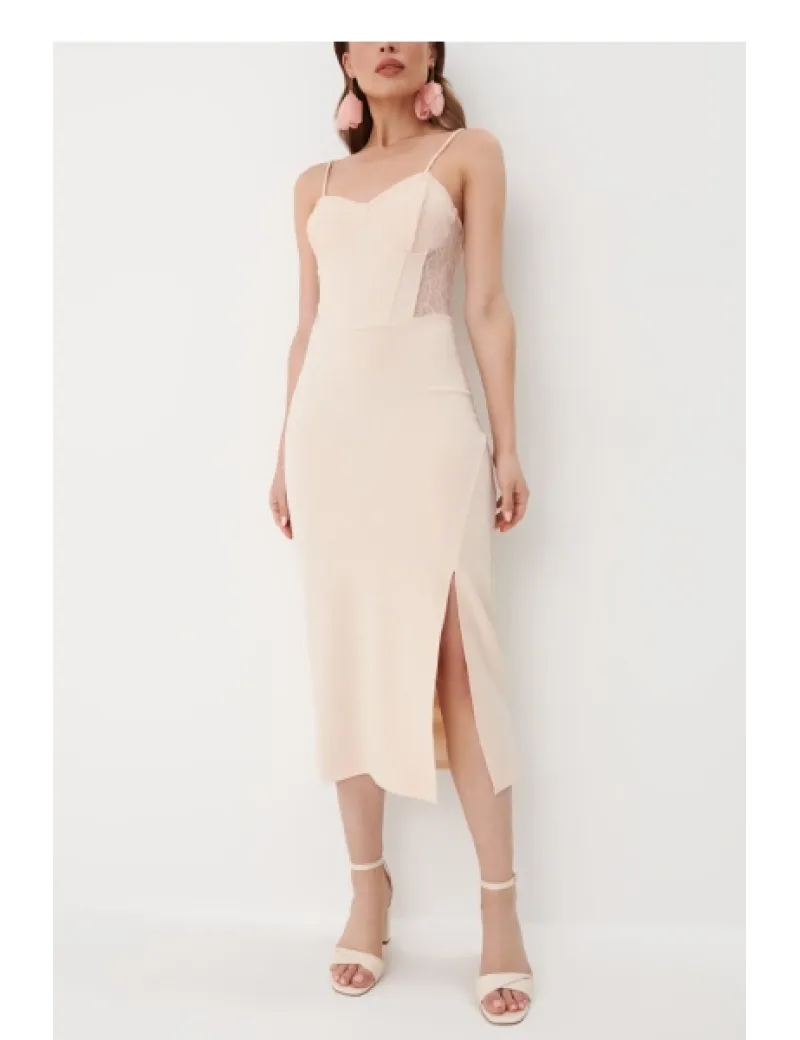 Rochie midi cu slit, detalii dantela si bretele subtiri, bej, dama, Mohito