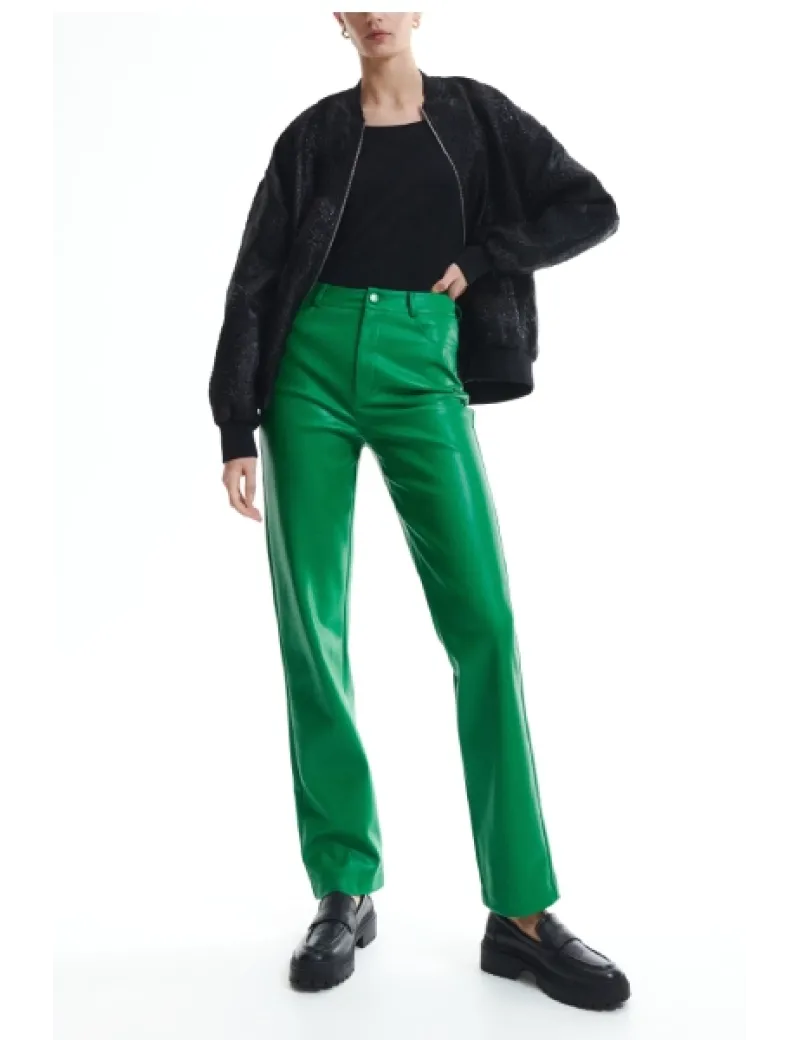 Pantaloni din piele ecologica, cu buzunare si fermoar, verde, dama, Reserved