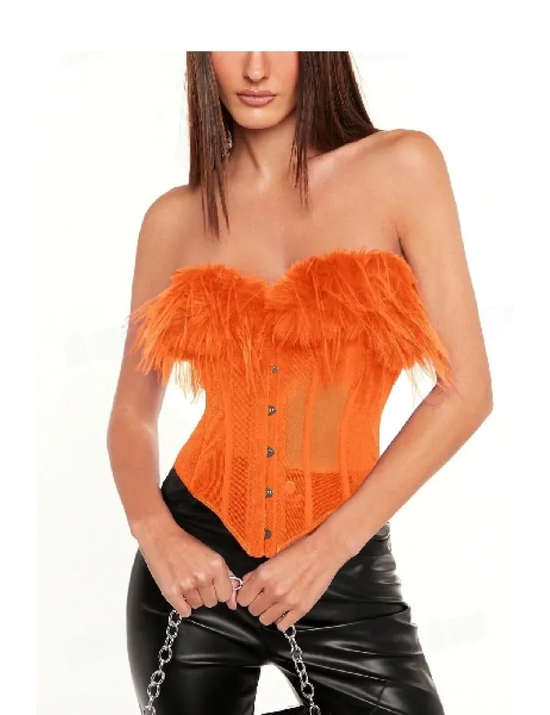 Top tip corset cu aplicatii blana, portocaliu