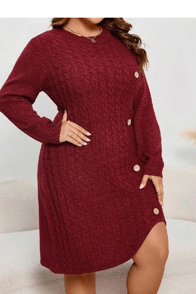 Rochie mini stil pulover cu aplicatii nasturi, visiniu, dama