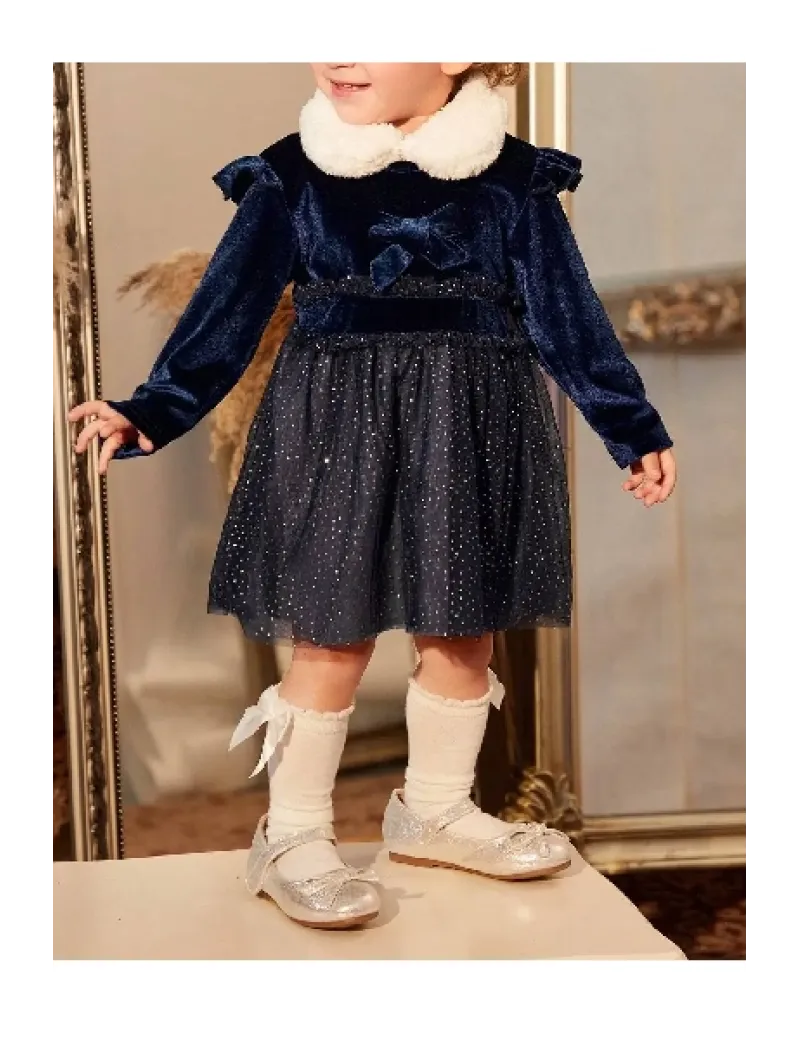 Rochie mini, model catifea, cu guler si imprimeu, albastru, fete