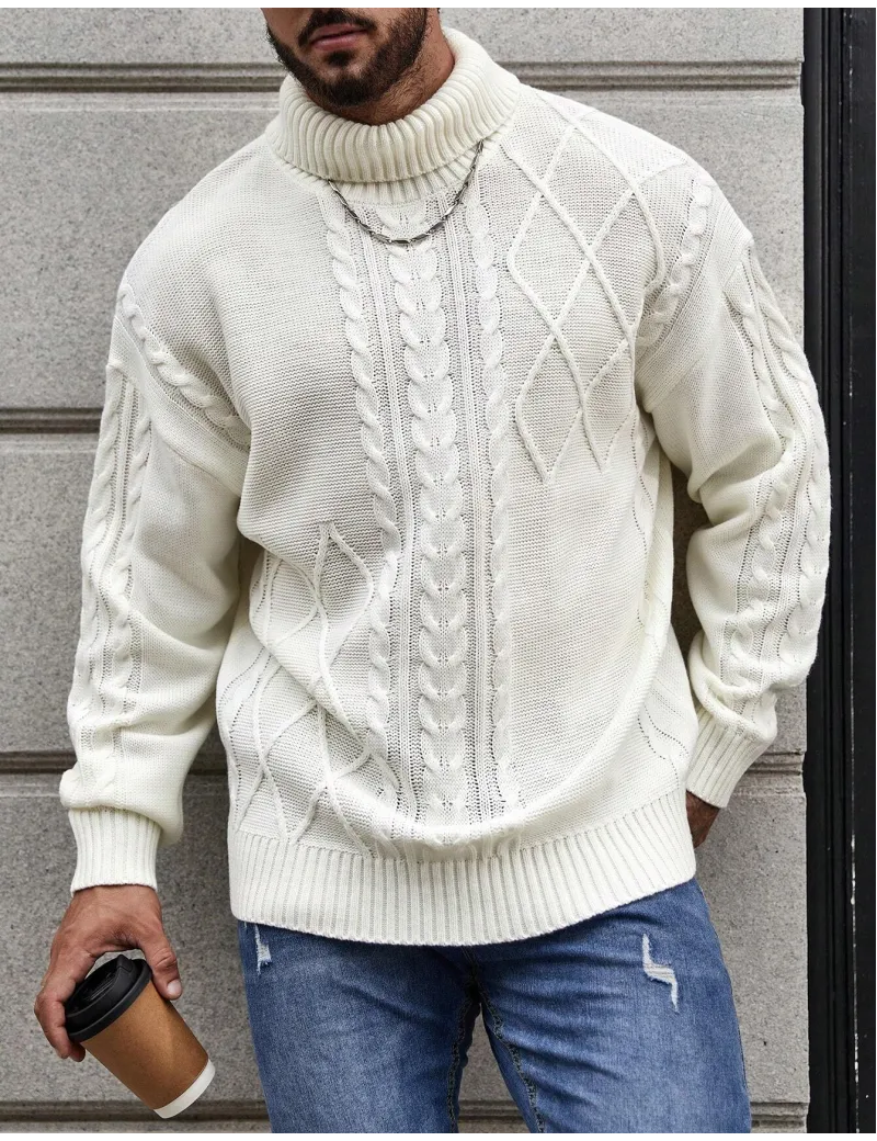 Pulover cu guler, model tricotat, alb