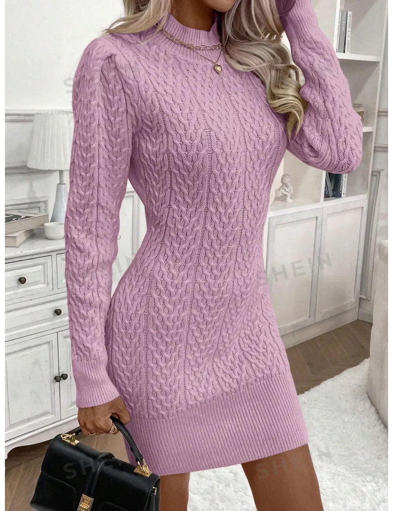 Rochie mini cu maneca lunga si model tricotat, roz