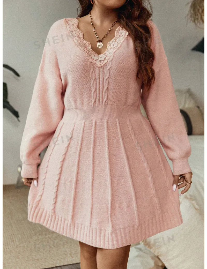 Rochie mini stil pulover tricotat, cu aplicatii dantela, roz
