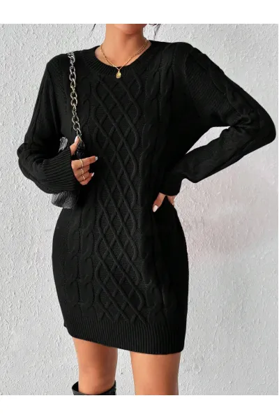 Rochie mini stil pulover, model tricotat, maneci lungi, negru, dama