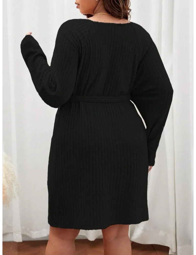 Rochie mini din tricot, cu maneca lunga si cordon, negru, dama, Shein