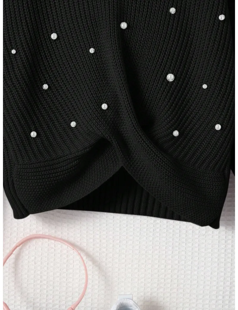Pulover din tricot cu aplicatii perle si maneca lunga, negru, fete, Shein