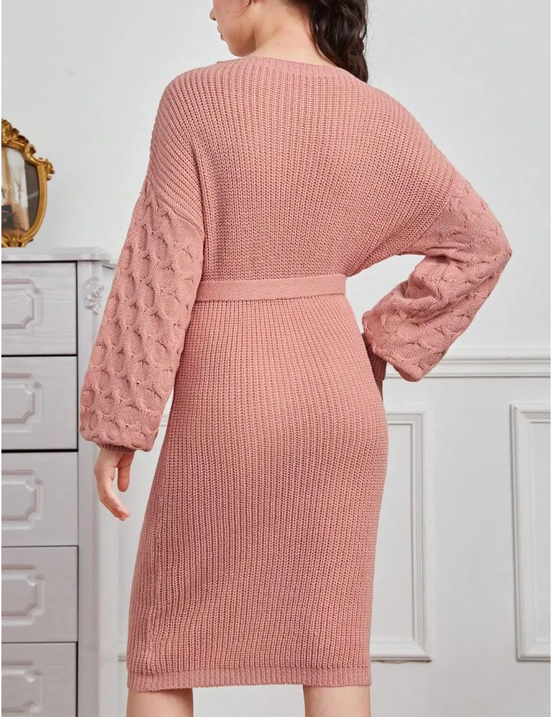 Rochie midi din tricot, cu maneca lunga si cordon, roz, fete, Shein