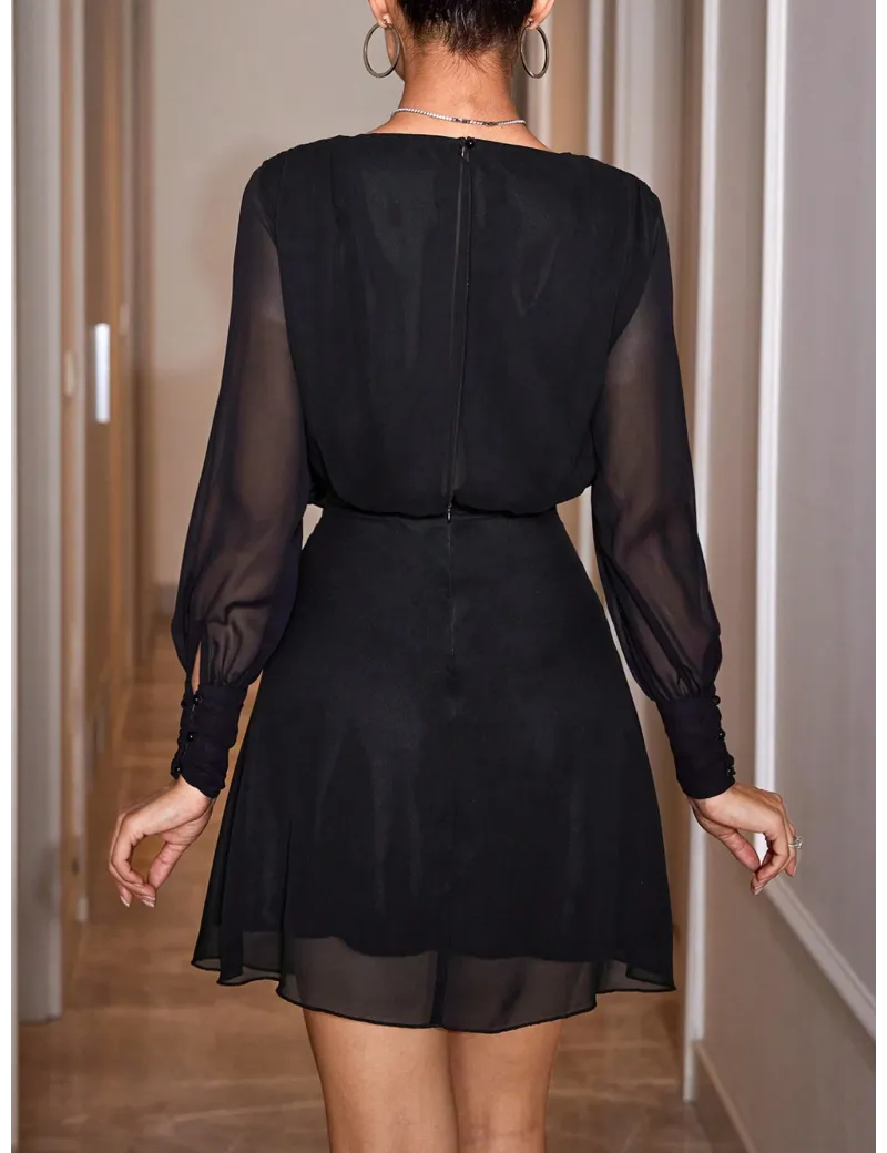Rochie mini, cu maneci transparente, negru, dama, Shein