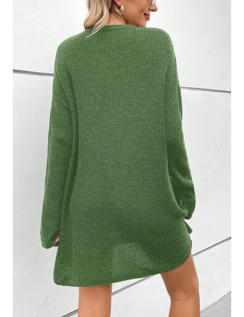 Rochie mini din tricot, cu maneca lunga, verde, dama, Shein