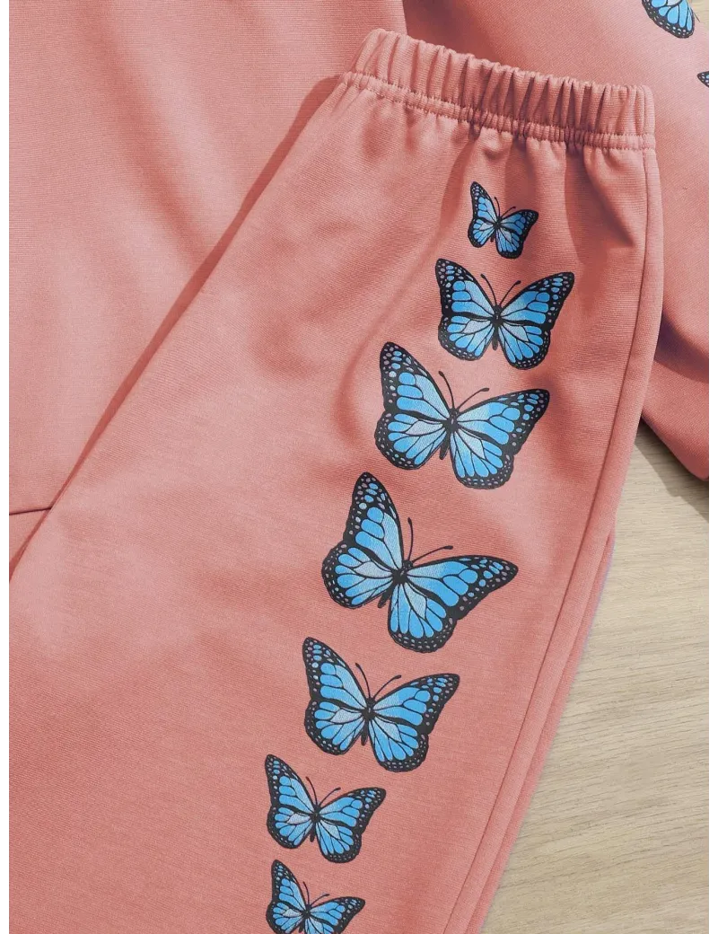 Set hanorac cu imprimeu fluturi si pantaloni luni, roz, fete, Shein