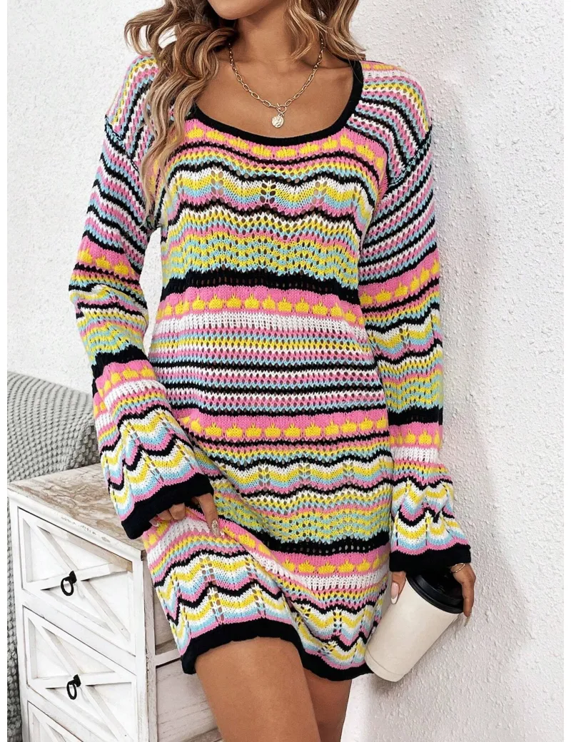 Rochie mini din tricot, cu decolteu, multicolor, dama, Shein