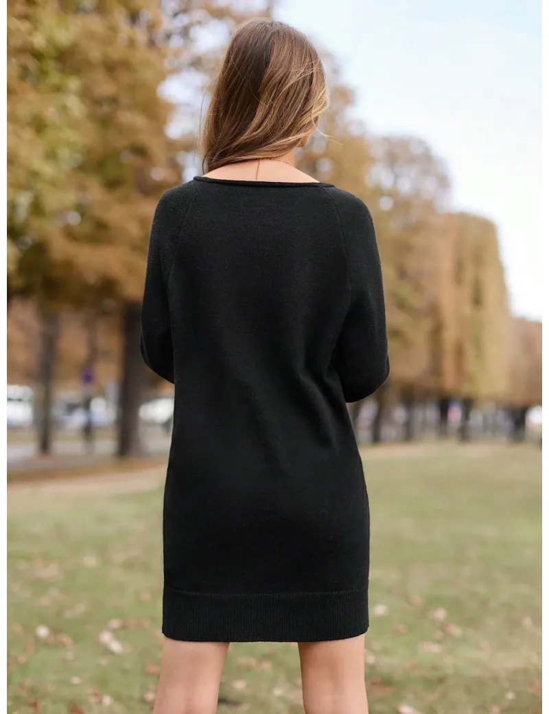 Rochie mini din tricot, cu maneca lunga, negru, dama, Shein