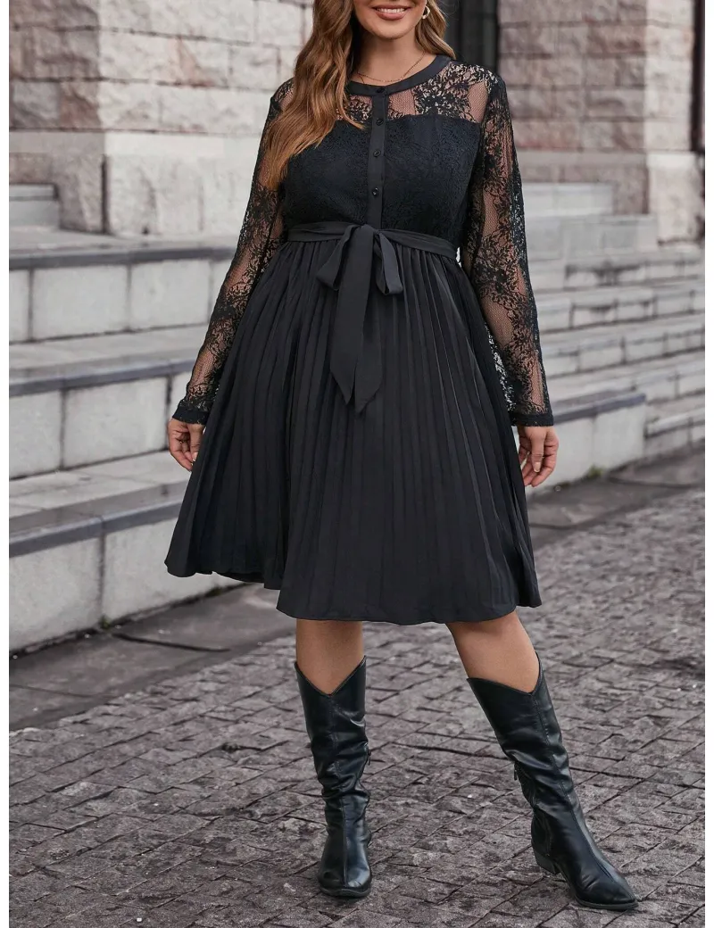 Rochie mini, plisata, cu maneci lungi, transparente, negru, dama, Shein