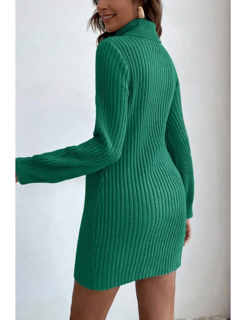 Rochie mini din tricot, cu guler inalt, verde, dama, Shein