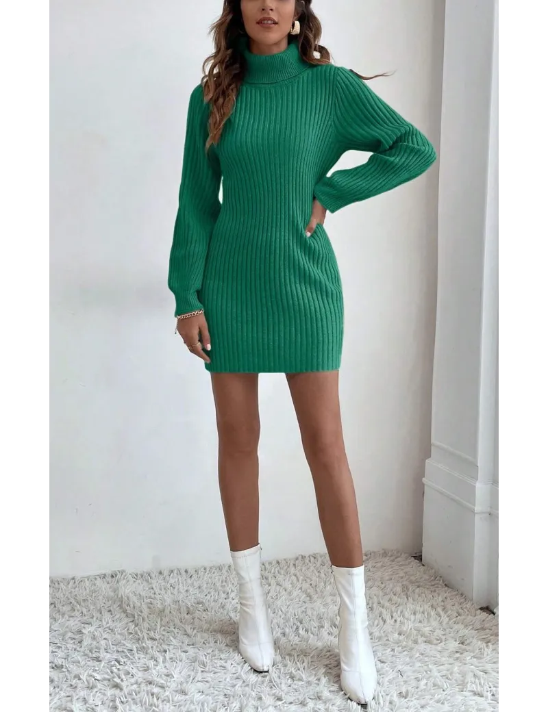 Rochie mini din tricot, cu guler inalt, verde, dama, Shein