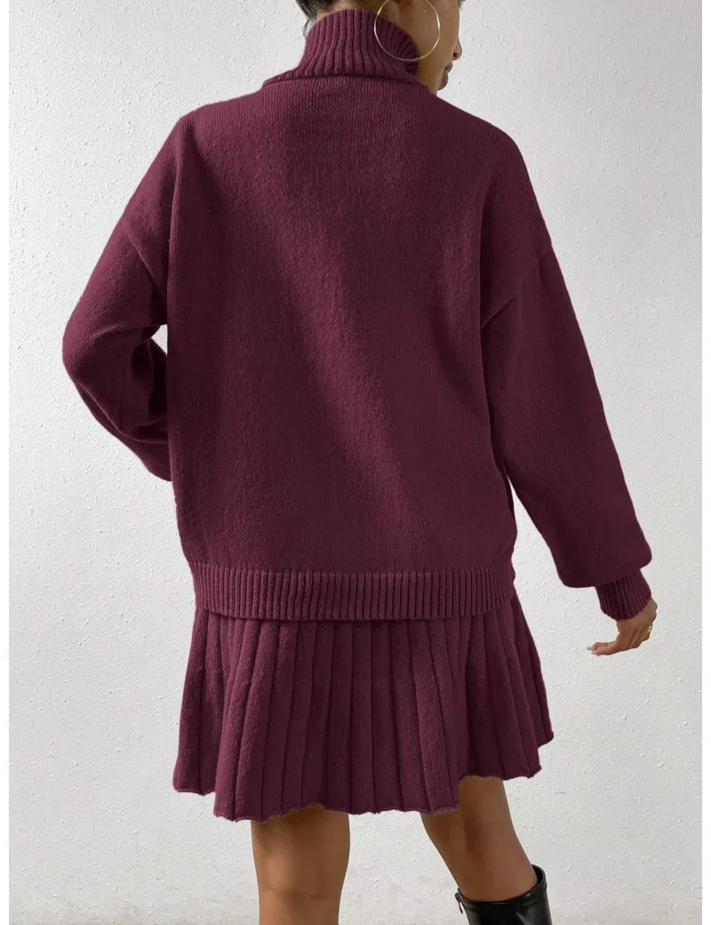 Set din tricot, pulover cu guler si fusta mini, visiniu, dama, Shein
