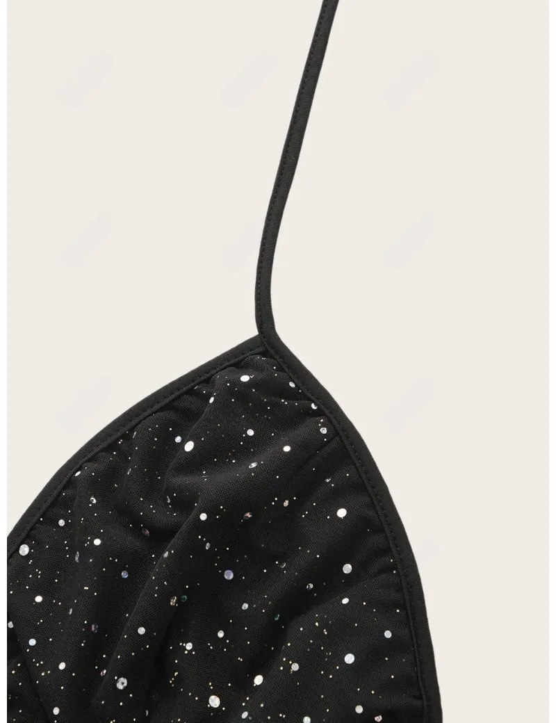 Costum de baie din 2 piese cu si pantaloni scurti, semi-transparenti, negru, dama, Shein