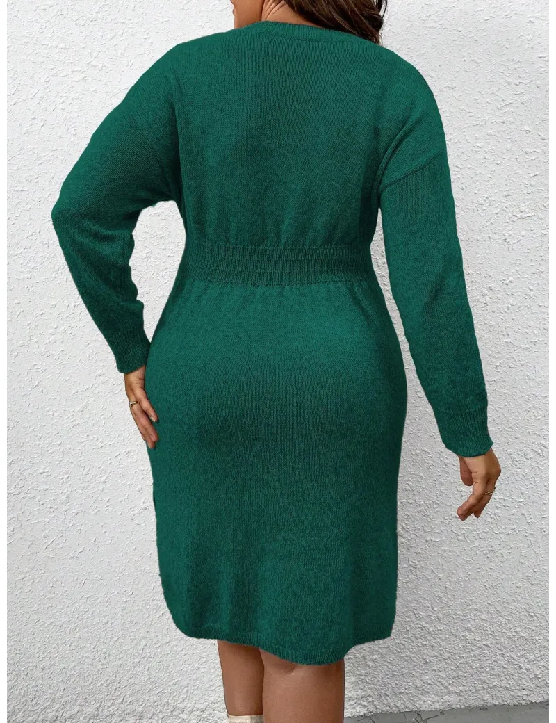 Rochie mini din tricot, cu slit si maneca lunga, verde, dama, Shein