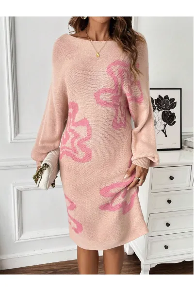 Rochie mini din tricot, cu imprimeu si maneci largi, roz, dama, Shein