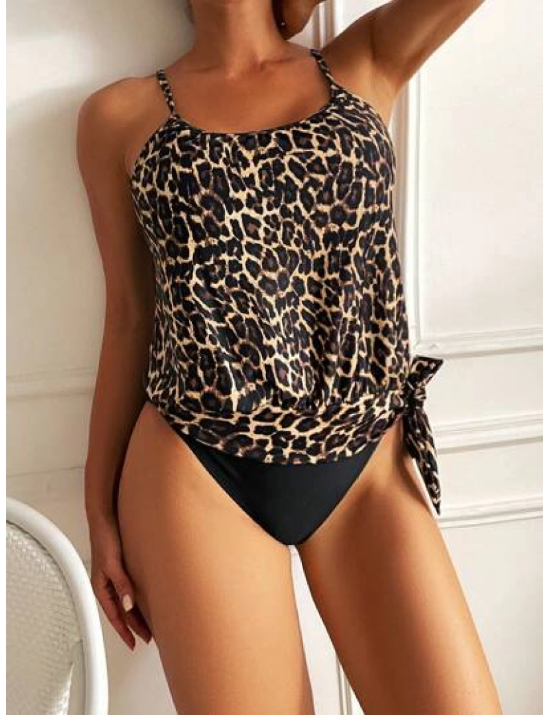 Costum de baie tankini cu imprimeu leopard, maro, dama, Shein