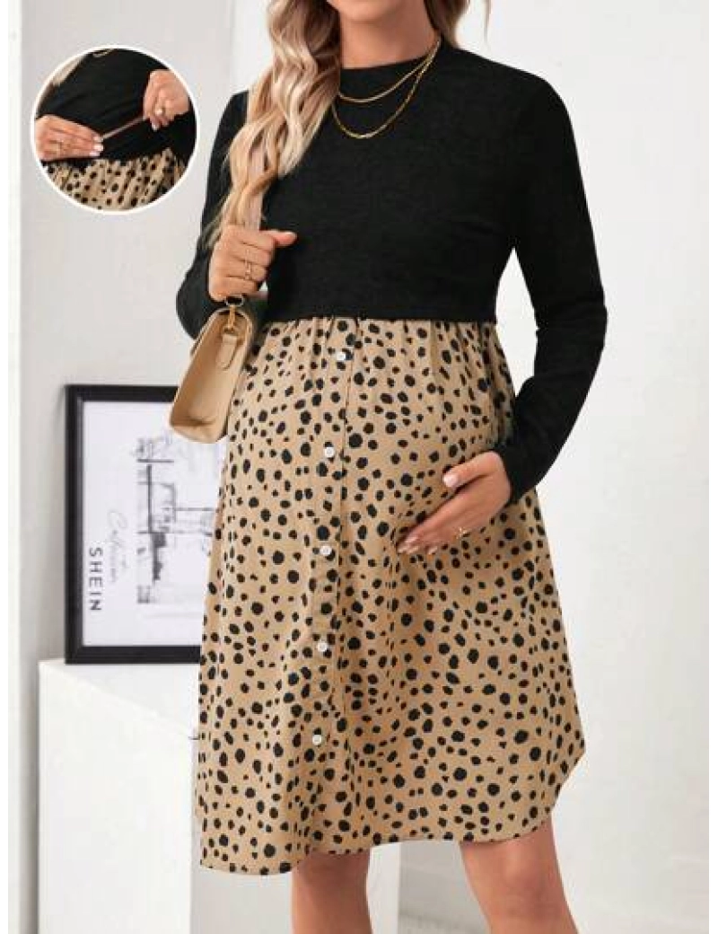 Rochie mini cu maneca lunga, imprimeu leopard, negru, Maternity,  dama
